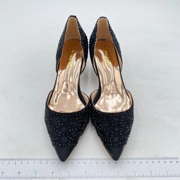 XYD Black Elegant Pointed Toe D'Orsay Kitten Heel Rhinestone Studs Satin Pump - Picture 3 of 8